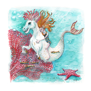Kinderbuch Illustration Seepferdchen mit Mädchen